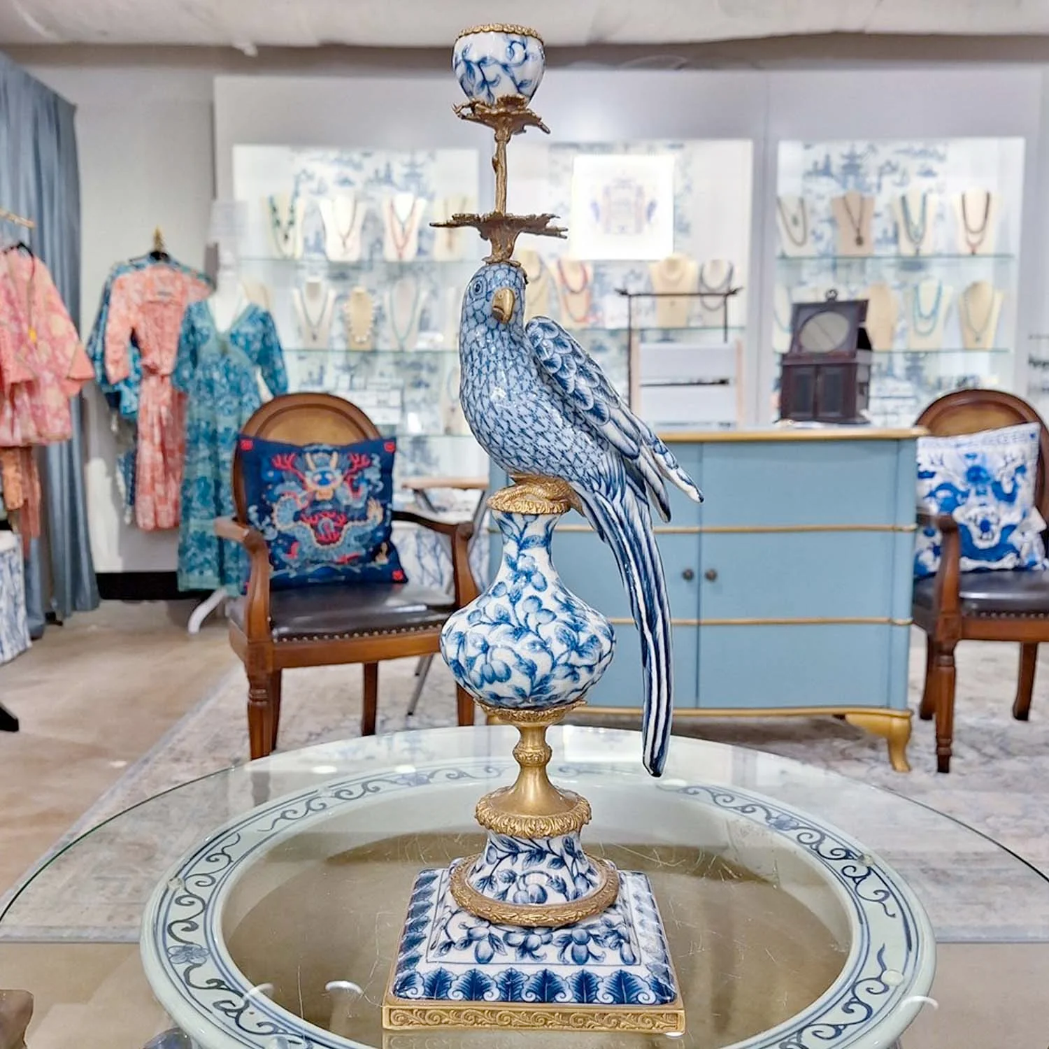 Porcelain Blue & White Parrot Candle Holder with Bronze Trim - 19" Tall - Right - Image 2