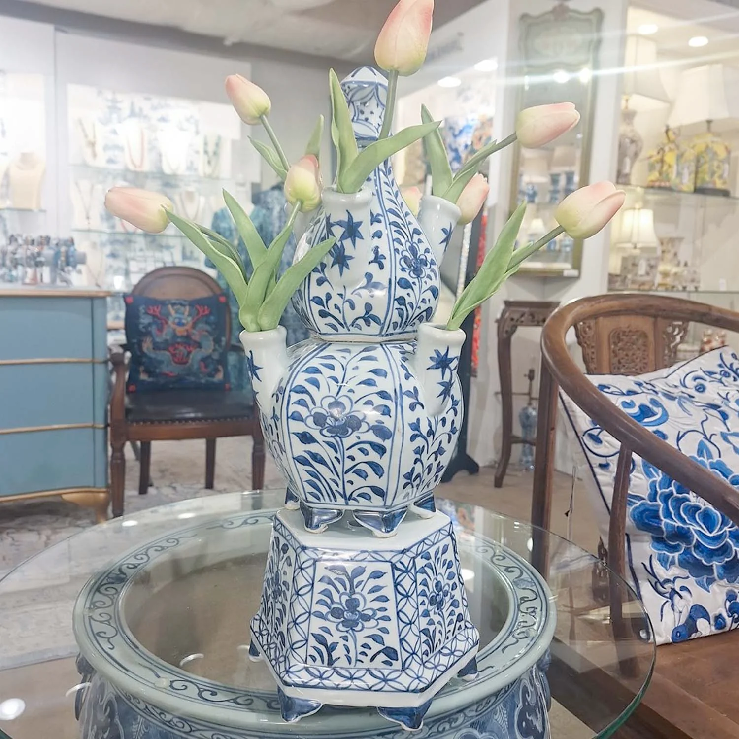 Porcelain Blue & White Tulipere Hexagonal - 19" Tall - Image 3