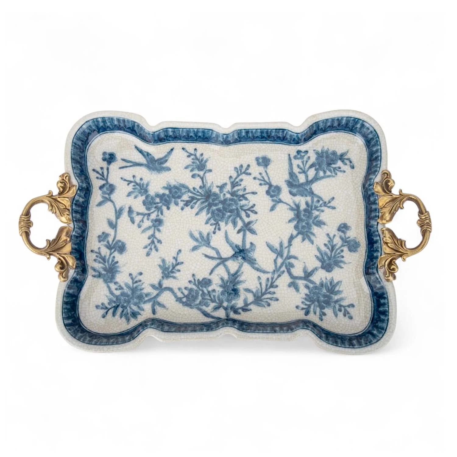 Porcelain Blue & White Tray with Bronze Handles