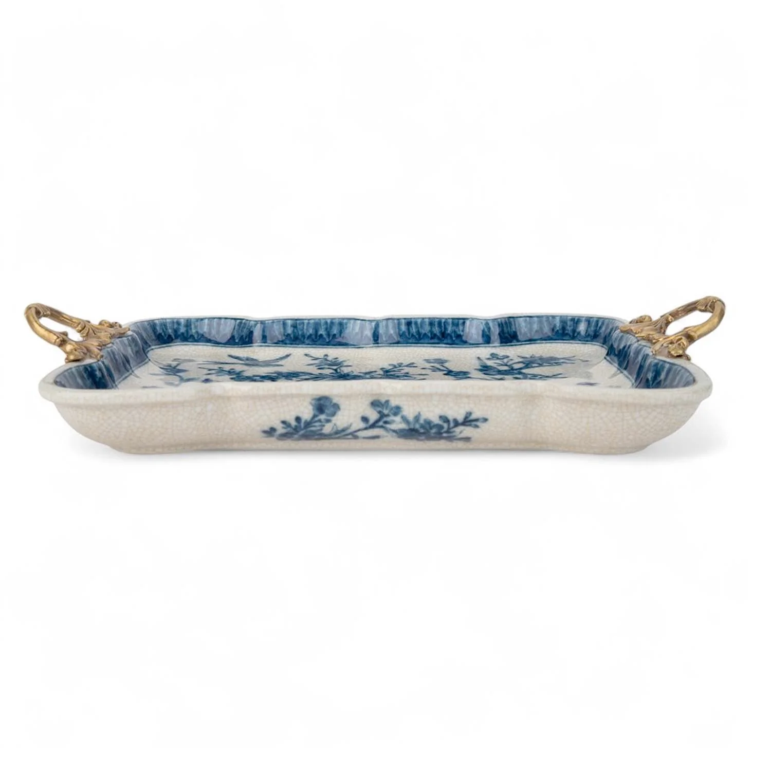 Porcelain Blue & White Tray with Bronze Handles - Image 2