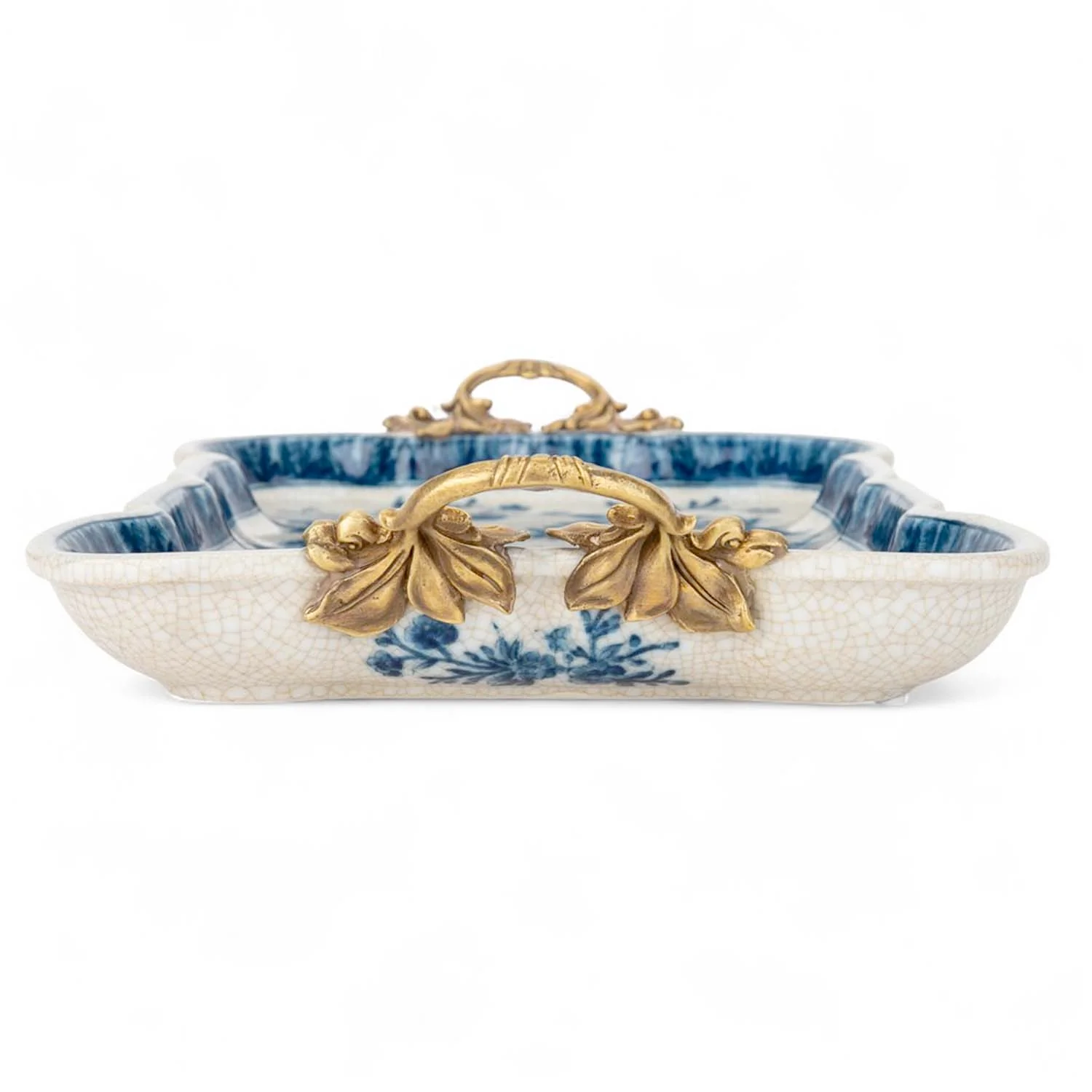 Porcelain Blue & White Tray with Bronze Handles - Image 3