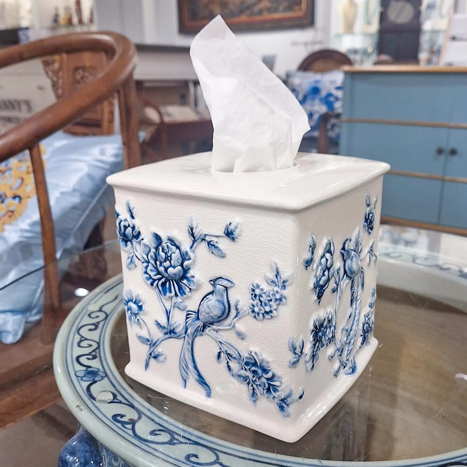 Porcelain Blue & White Square Tissue Box - Image 2