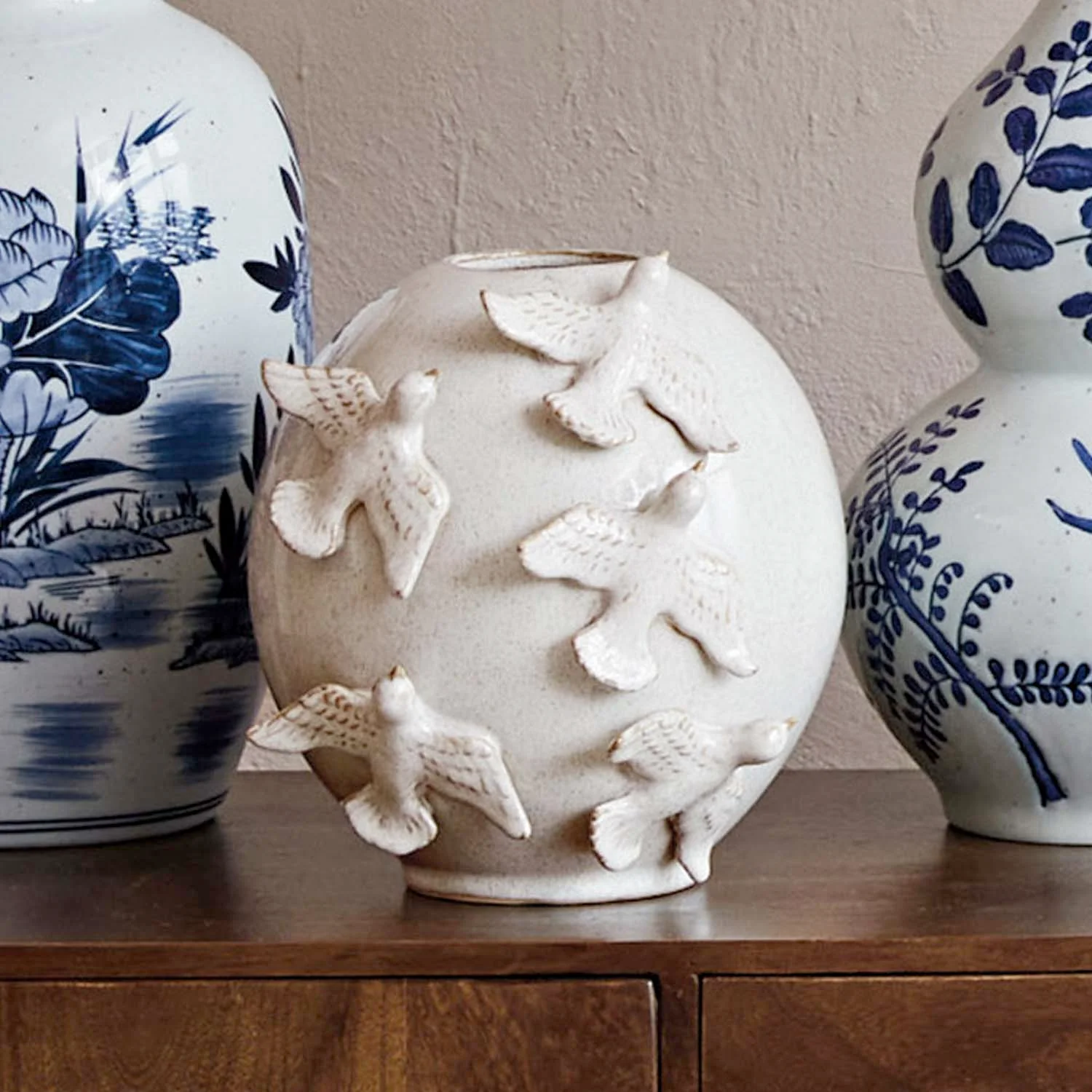 Ivory Bird Stoneware Vase - 10" Tall - Image 3