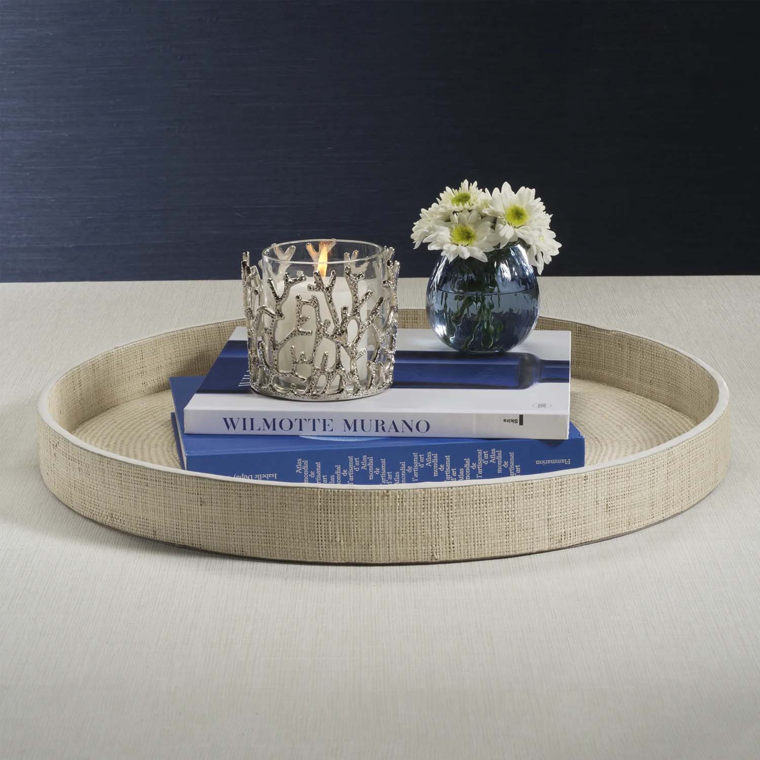 Atelier Natural Fiber Raffia Round Serving Tray with Leather Trim - Image 2