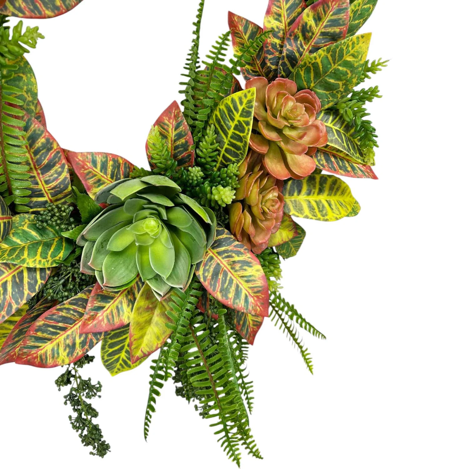 Faux Green Croton Fern Succulent Wreath - 30" - Image 3