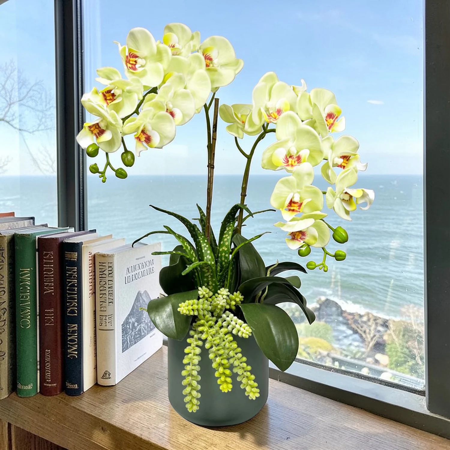 Faux Yellow Orchids with Succulents in Large Green Pot - Image 2