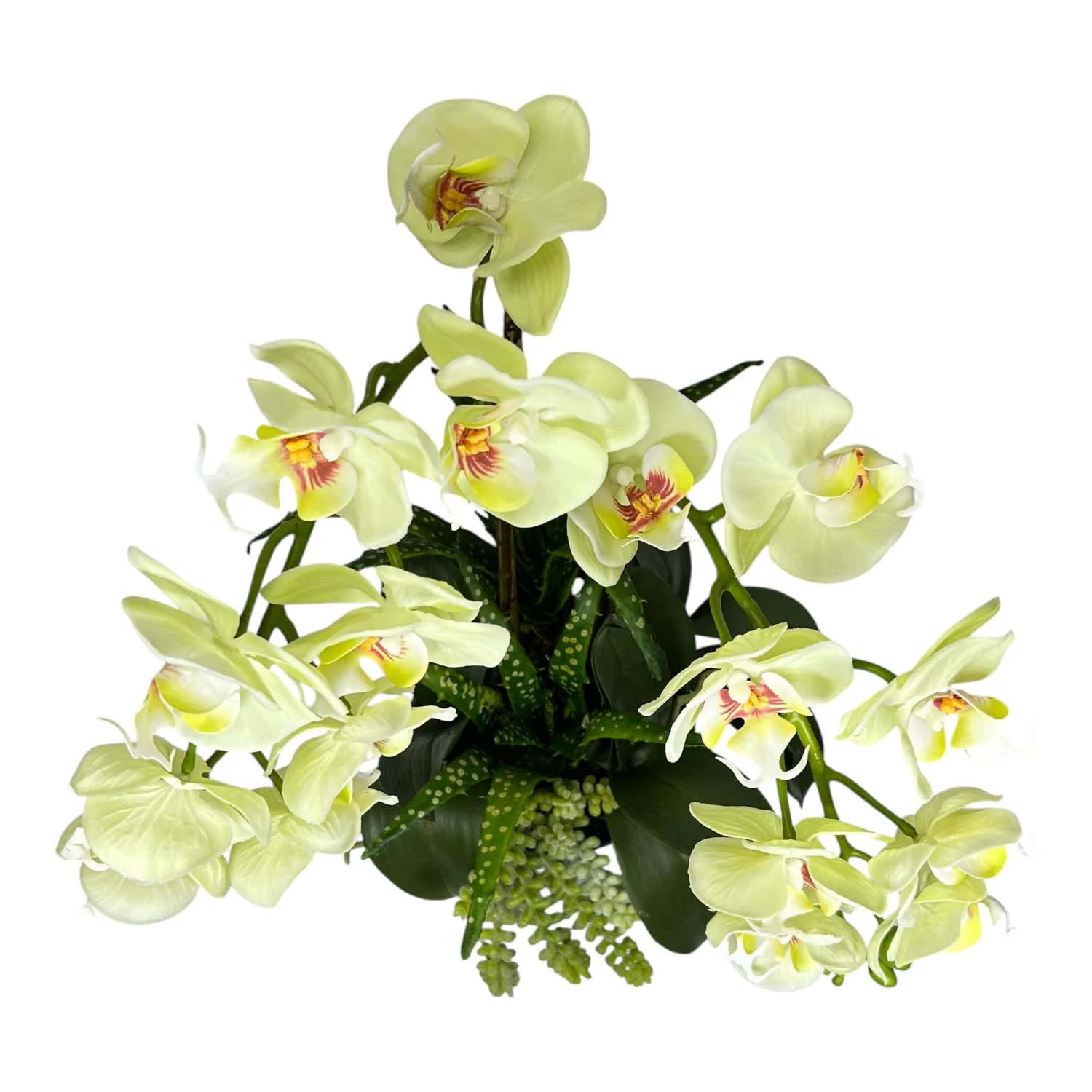 Faux Yellow Orchids with Succulents in Large Green Pot - Image 3