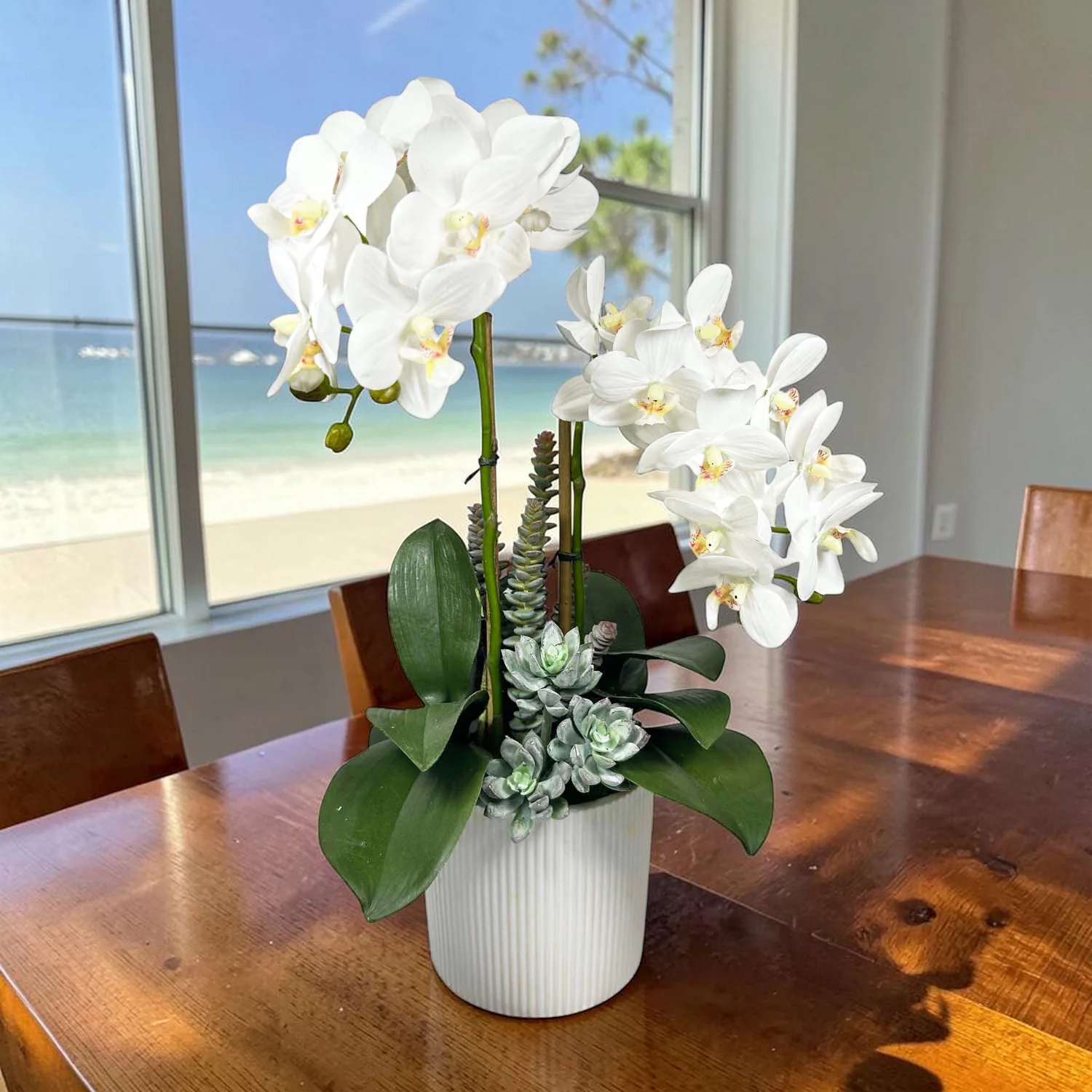 Faux Orchids & Succulents in White Pot - Image 2