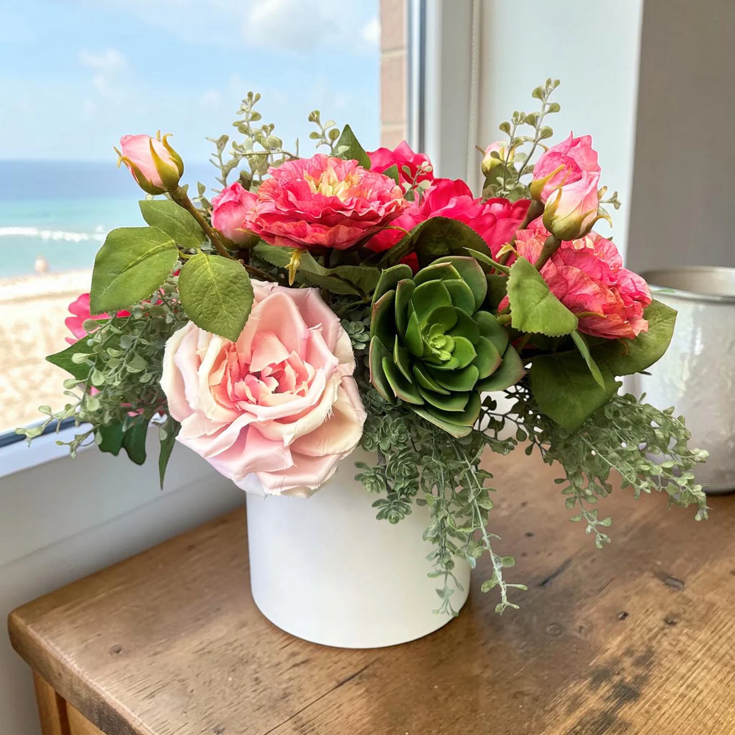 Faux Pink Roses & Peonies with Eucalyptus in a White Cylinder - Image 2